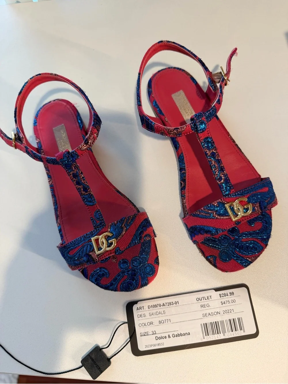Dolce & Gabbana Red and Blue Embroidered T-Strap Sandals with Gold DG Accent